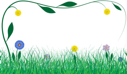 beautiful illustration with green grass and colorful flowers 