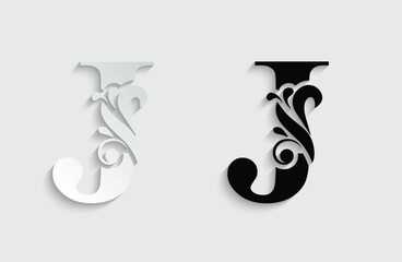 letter J. Black flower alphabet. Beautiful capital letters with shadow