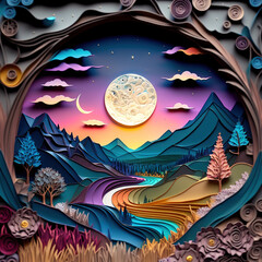 Night Landscape with Trees and Mountains and Clouds Paper Quilling