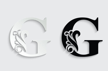 letter G . Black flower alphabet. Beautiful capital letters with shadow