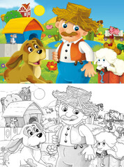 cartoon farm ranch scene with farmer boy different animals and pumpkins illustration for children sketch