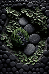 Fototapeta na wymiar green piece of broccoli surrounded by black stones. generative ai.
