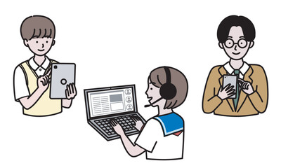 スマートフォン、タブレット、 PCを操作している学生のイラスト