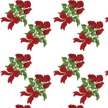 Bouquet of roses with a red ribbon bow. Seamless pattern. Vector illustration.