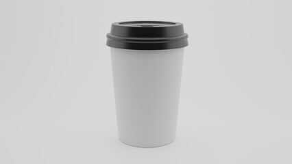 White paper coffee cup with black lid isolated on white background. Minimal concept. 3D render