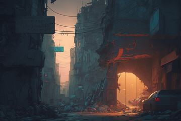Dystopian city, close up, detritus, dusk, dramatic lighting. Generative AI.
