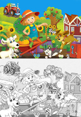 cartoon farm ranch scene with farmer woman girl different animals illustration for children sketch