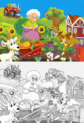 cartoon farm ranch scene with farmer woman girl different animals illustration for children sketch