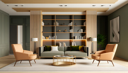 Minimalist modern living room interior background, Scandinavian style, 3D render