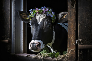 Funny cow in summer, wearing colorful flower wreath, looking out of a wooden barn window, generative ai - obrazy, fototapety, plakaty
