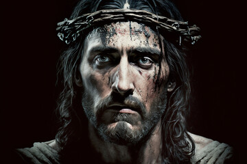 Jesus Christ with the crown of thorn front view - AI generative