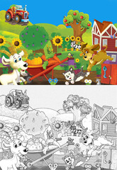 Obraz na płótnie Canvas cartoon scene with farm ranch with different animals illustration for children sketch