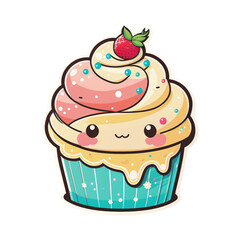 sticker kawaii cupcake gourmand et mignon, isol&eacute;, fond png, bleu, rose et jaune, IA g&eacute;n&eacute;rative