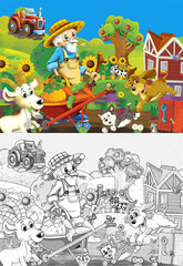 cartoon farm ranch scene with farmer boy different animals and pumpkins illustration for children sketch