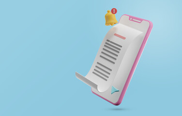 3d render illustrator smartphone showing yellow notification icon ,3d bill and blue cursor on screen isolated on blue background. 