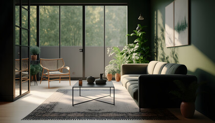 Fototapeta premium Minimalist modern living room interior background, Scandinavian style, 3D render
