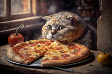 cat is eating slice of pizza. Generative AI.