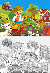Fototapeta na wymiar cartoon farm ranch scene with farmer boy different animals and pumpkins illustration for children sketch
