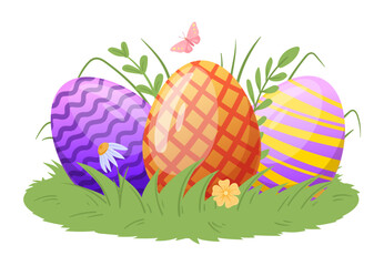 Cartoon spring holiday eggs. Easter painted eggs on grass lawn, Happy Easter colorful decorative eggs. Flat vector illustration on white background