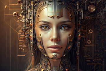 woman'face with futuristic circuit board in the background. Generative AI.