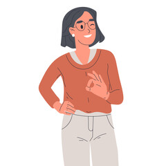 Fototapeta premium Cheerful girl showing okay sign. Woman with positive gesture, happy smiling person body language flat vector illustration on white background