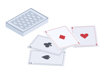 Isometric playing cards. Casino black and red suits, clubs, spaces, hearts and diamonds cards. Poker and blackjack gambling cards 3d vector illustration on white background