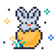 Pixel 8 bit easter bunny. Pixel art arcade game icon, painted chicken eggs with cute bunny, egg hunt game symbols. Flat vector illustration on white background
