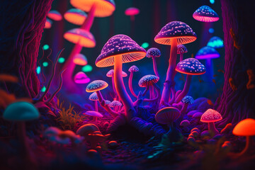 group of mushrooms that are glowing in the dark. Generative AI.