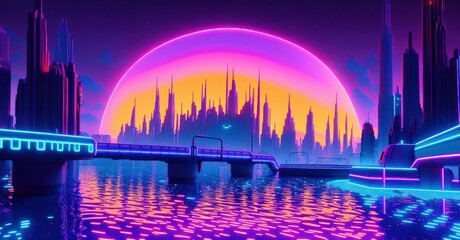 Retro futuristic style Digital landscape in a cyber world background generative ai