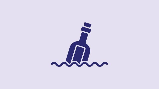 Blue Glass bottle with a message in water icon isolated on purple background. Letter in the bottle. Pirates symbol. 4K Video motion graphic animation