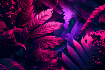 Vibrant purple and pink jungle plants. Psychedelic exotic artwork. Generative AI.	

