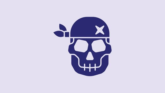 Blue Skull icon isolated on purple background. Happy Halloween party. 4K Video motion graphic animation