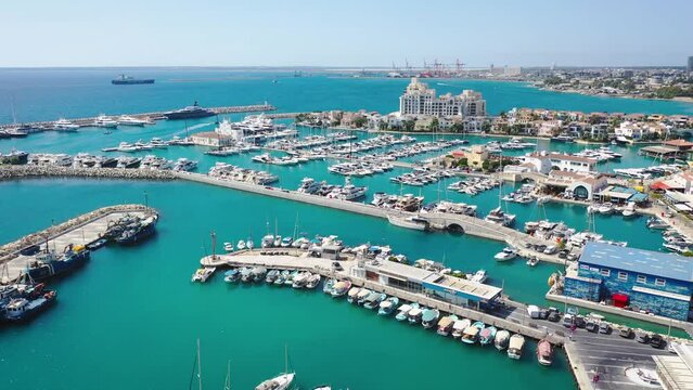 Aerial view of blue flag marina in Limassol city in Cyprus, 4k drone video