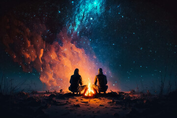two people sitting in front of campfire under night sky filled with stars. Generative AI.