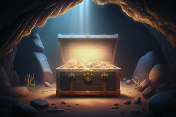 Wooden chest with gold in a cave. AI generated.