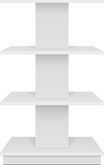 Mockup Square POS POI Floor Showcase Display Rack Shelves For Supermarket. Front View 3D. Illustration Isolated On White Background. Mock Up Template Ready For Design. Product Advertising.