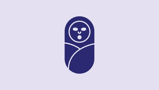 Blue Newborn baby infant swaddled or swaddling icon isolated on purple background. Baby kid child wrapped in blanket clothes. 4K Video motion graphic animation