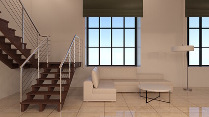 Obraz premium オンラインミーティング用背景 テレビ会議背景用 ZOOM会議背景用 CG 部屋 本棚 書斎 窓 ロフト for using in video conference and as a zoom background.