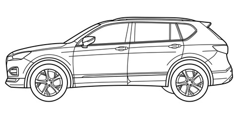 Classic luxury suv car. Crossover car side view shot. Outline doodle vector illustration. Design for print, coloring book