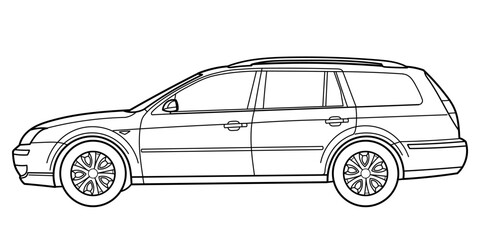 Classic station wagon, side view shot. Outline doodle vector illustration for your design - print, color book