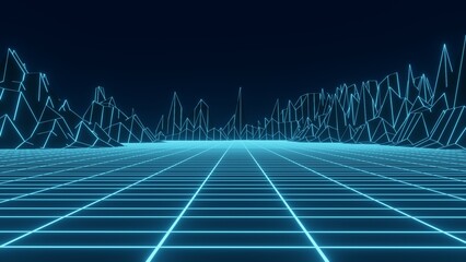 Naklejka premium Retro sci-fi landscape of mountains. Futuristic polygonal background in style 80s and 90s. Technology perspective glowing grid with 3d landscape. Abstract wireframe terrain design. 3D rendering.