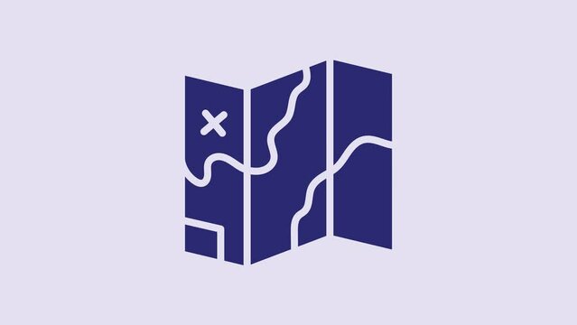 Blue Folded map icon isolated on purple background. 4K Video motion graphic animation
