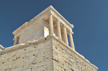 Ancient Temple of Athena Nike on the Acropolis hill - Athebs, Greece..