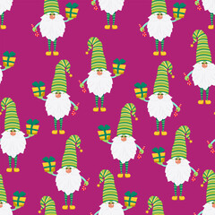 Funny gnomes with gifts seamless pattern. Cheerful gnomes in hats vector characters flat style.
