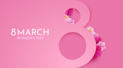 International Women's Day Banner. Flyer for March 8 with flowers decor. Number 8. Invitation in paper cut style with spring plants, leaves and flowers