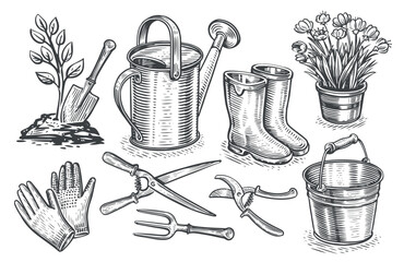 Gardening concept. Hand drawn garden items set in sketch style. Vintage vector illustration