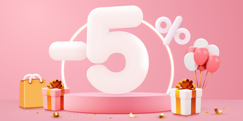 5 percent Off. Discount creative composition. Sale symbol with decorative objects, balloons, golden confetti, podium and gift box. Sale banner and poster.