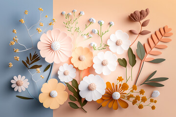 Arrière plan de printemps, fond floral coloré, avec fleurs, feuilles, plantes,  tons pastels - Générative IA