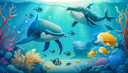Fototapeta na wymiar illustratiillustration of the cartoon ocean creatureson of the cartoon ocean creatures