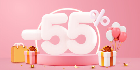 55 percent Off. Discount creative composition. Sale symbol with decorative objects, balloons, golden confetti, podium and gift box. Sale banner and poster.